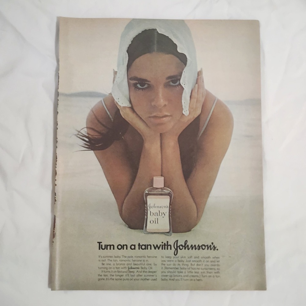 Vintage Print Ad Johnson's Baby Oil pretty brunette model bonnet clipping 1971